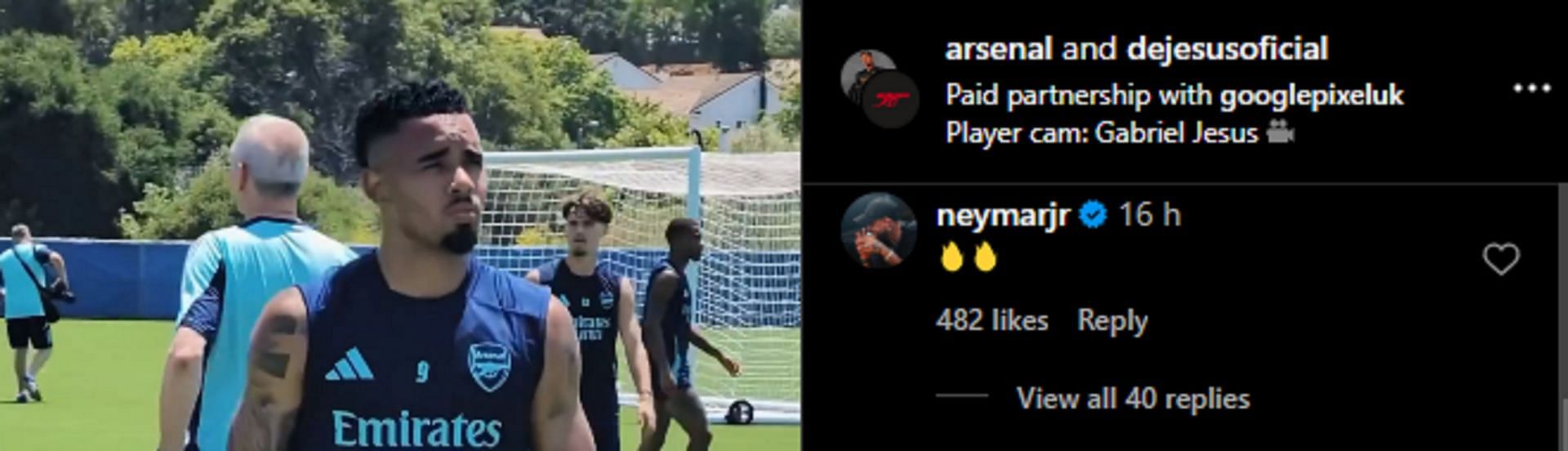 Neymar reacts to Gabriel Jesus' drills.